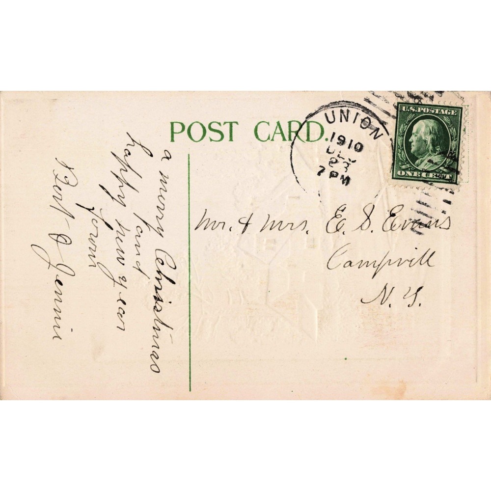 Vintage 1910 Christmas Postcard Hearty Good Wishes Winter Cottage Union NY Stamp - Picture 2 of 2